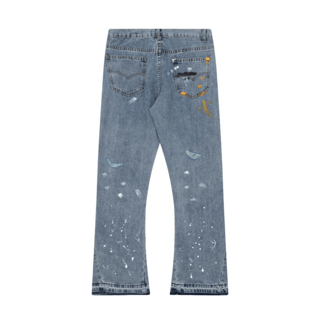 Flared Ripped Paint Blue Jeans