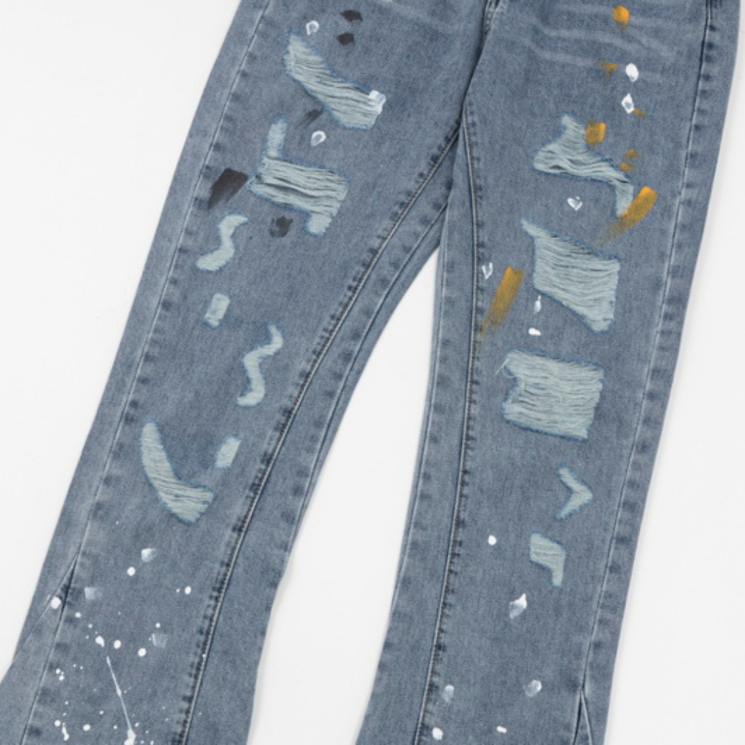Flared Ripped Paint Blue Jeans