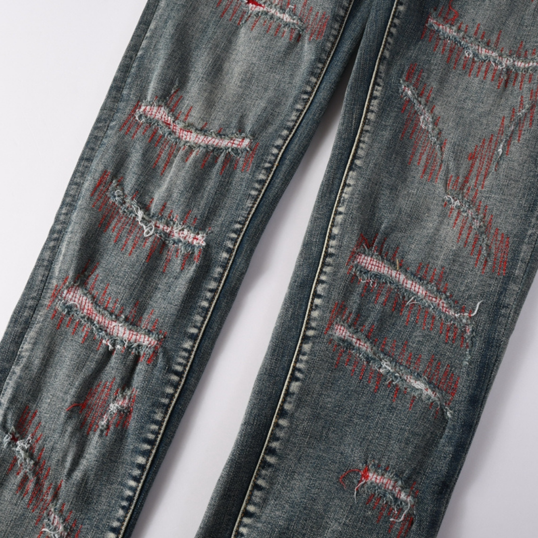 Red Distressed Patch Jeans