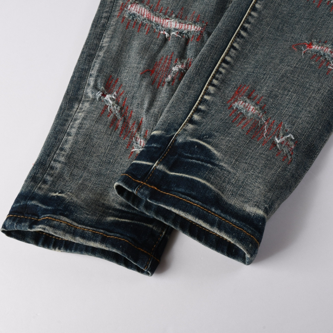 Red Distressed Patch Jeans