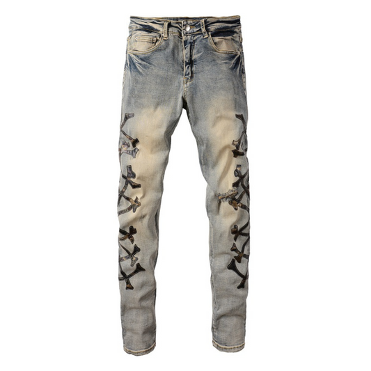 Black Bones Ripped Blue Jeans