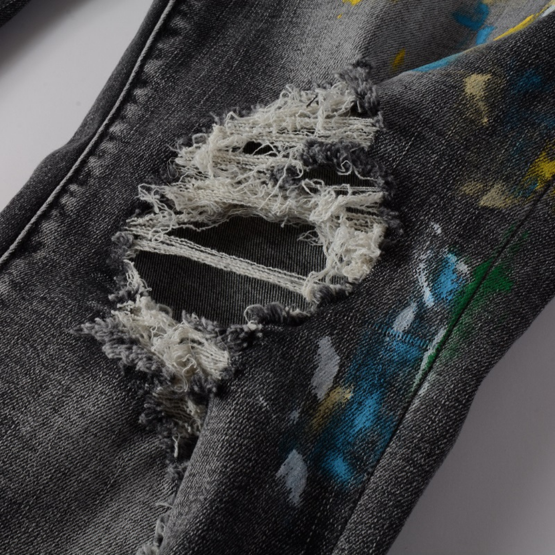 Paint Splatter Ripped Grey Jeans