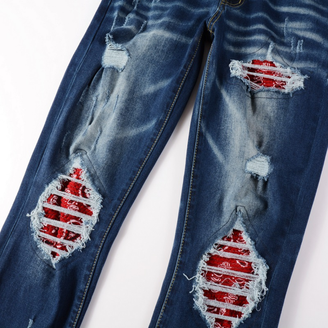 Bandana Patch Ripped Blue Jeans