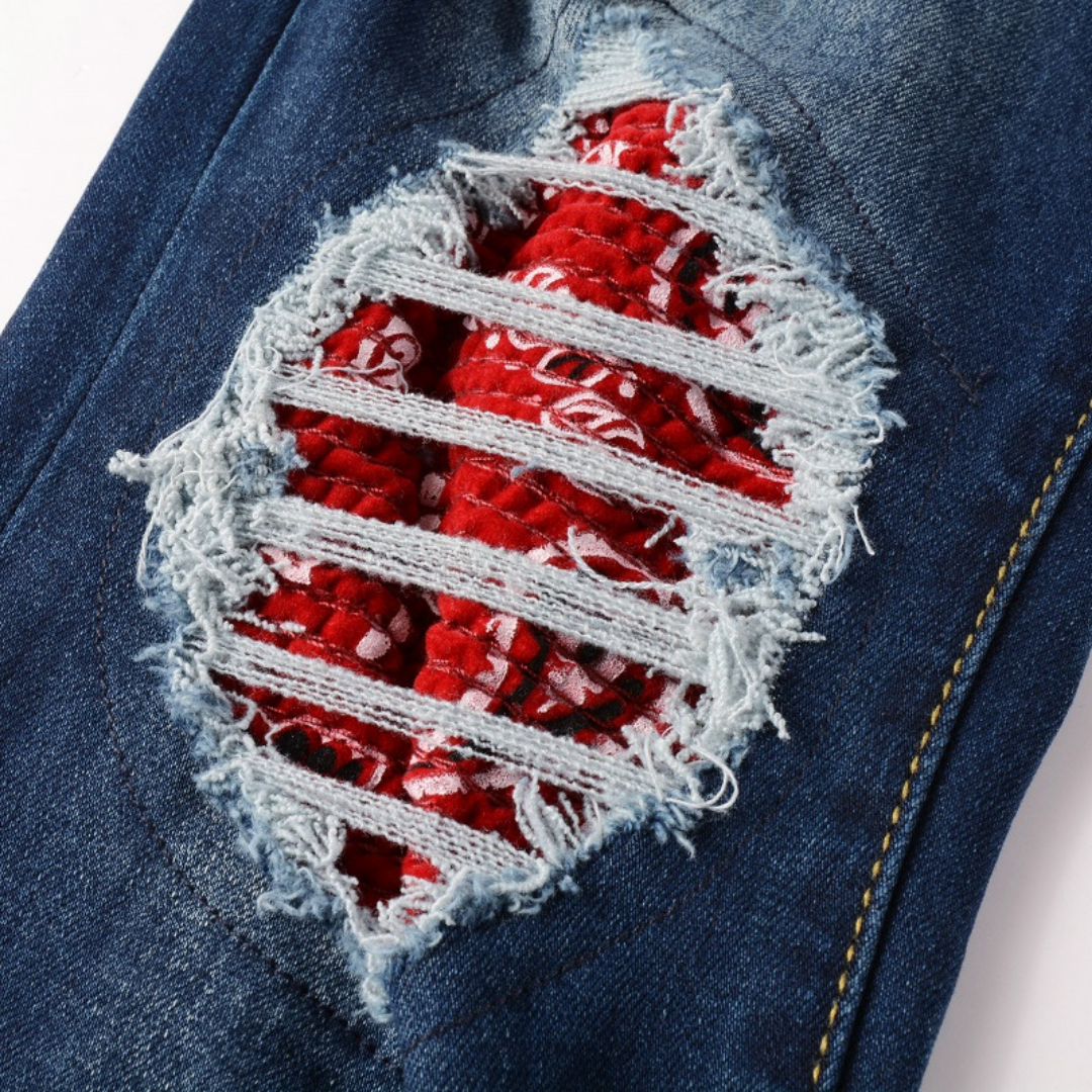 Bandana Patch Ripped Blue Jeans
