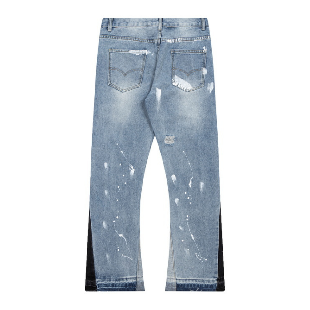 Flared Ripped Paint Blue Jeans