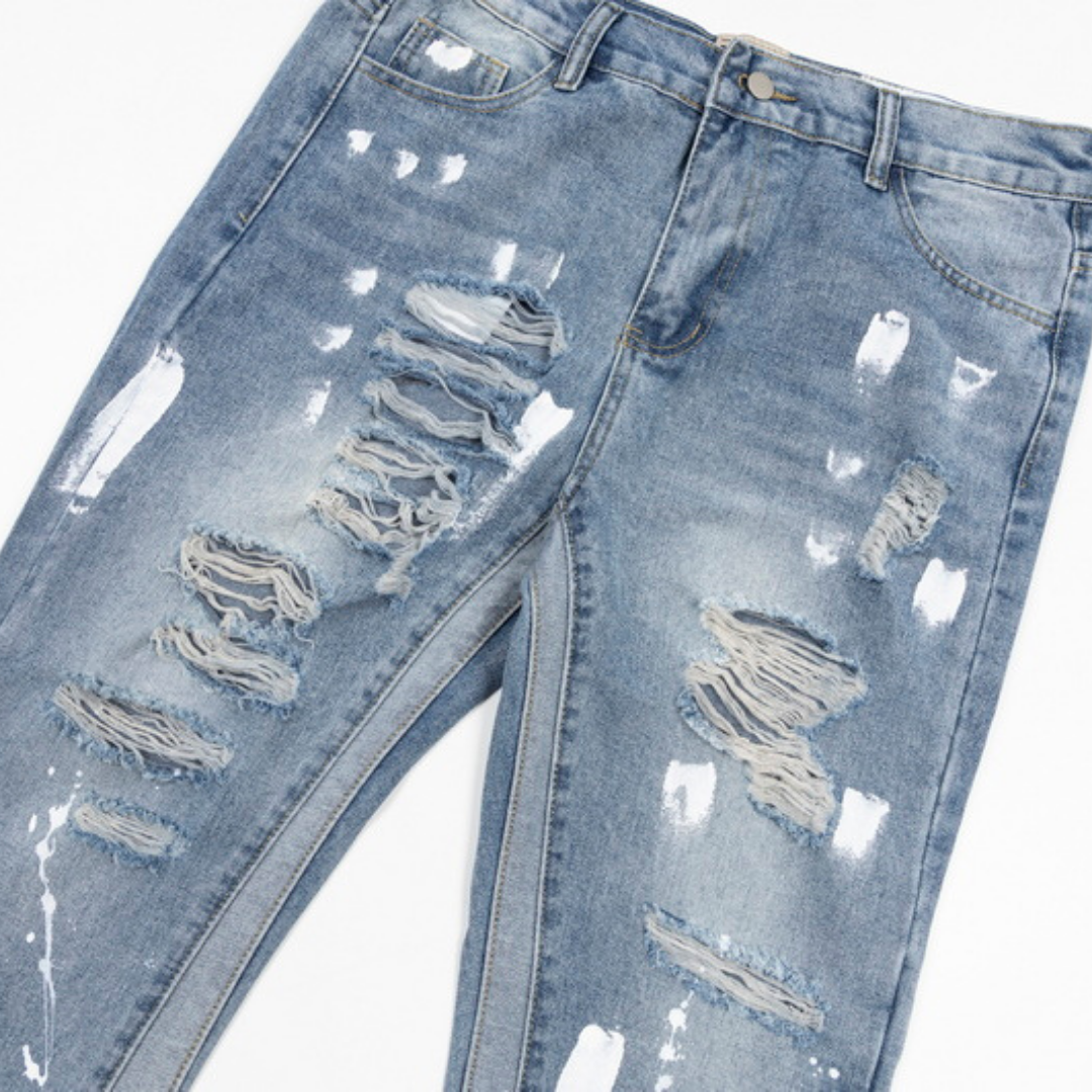 Flared Ripped Paint Blue Jeans