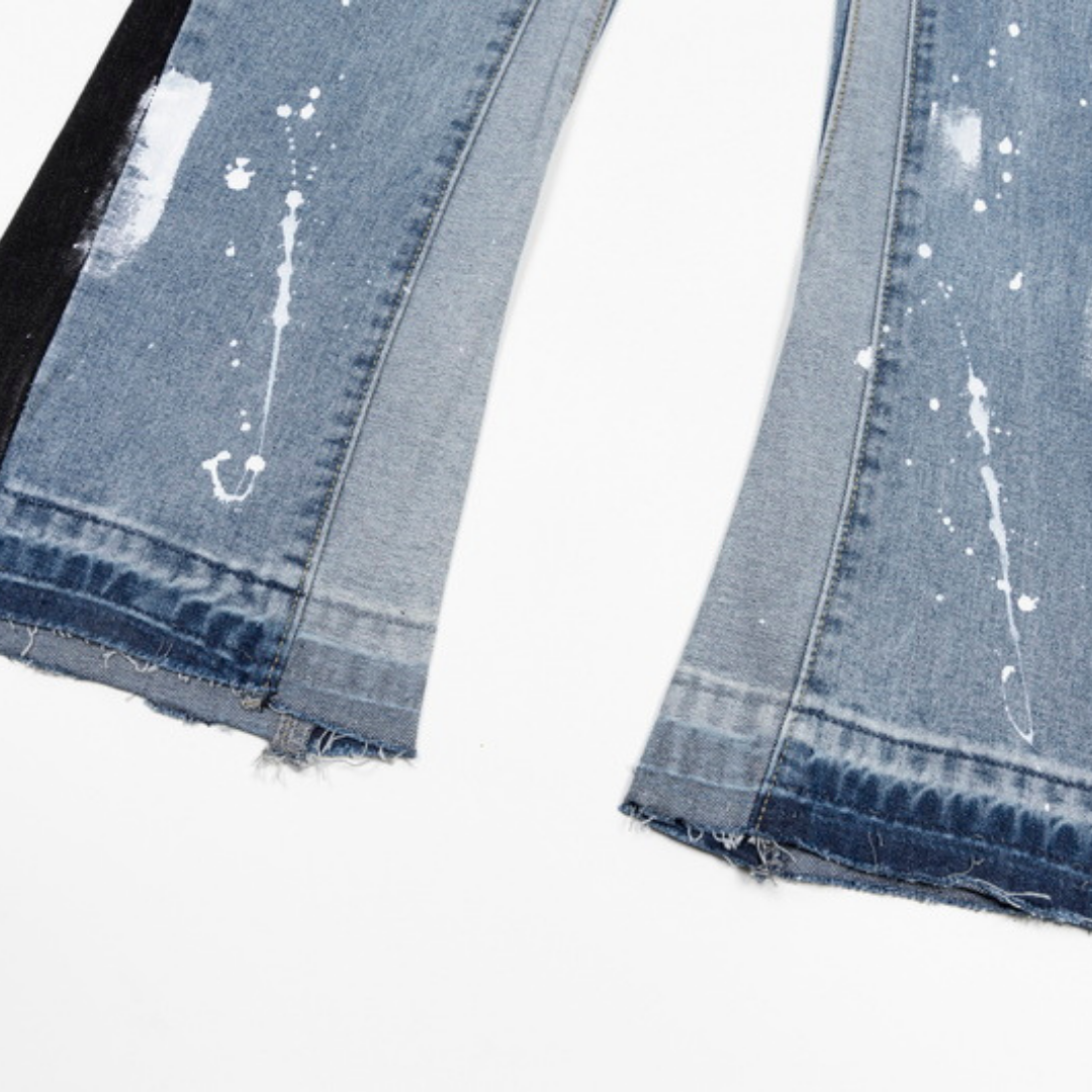 Flared Ripped Paint Blue Jeans