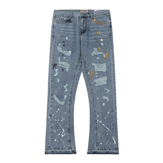 Flared Ripped Paint Blue Jeans
