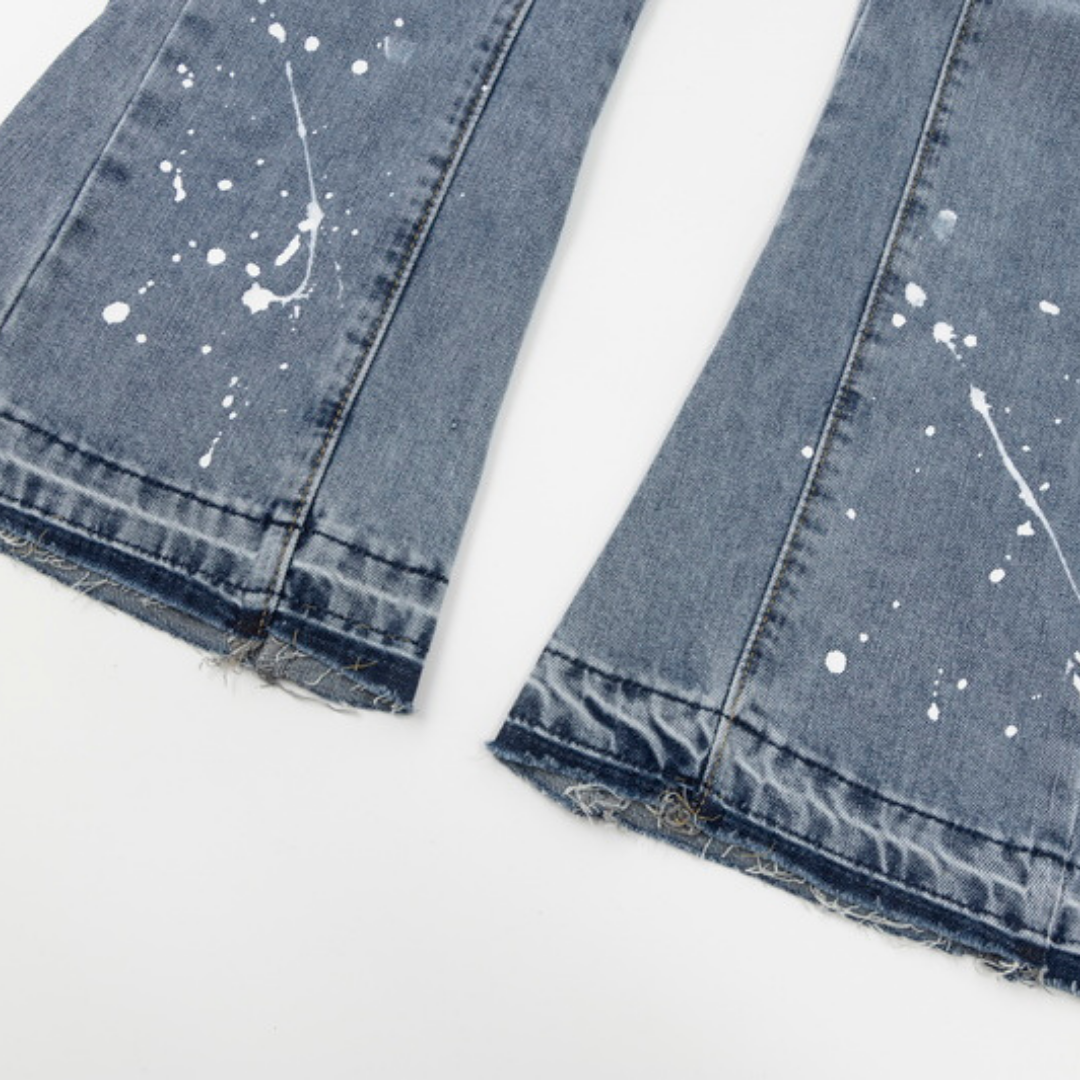 Flared Ripped Paint Blue Jeans