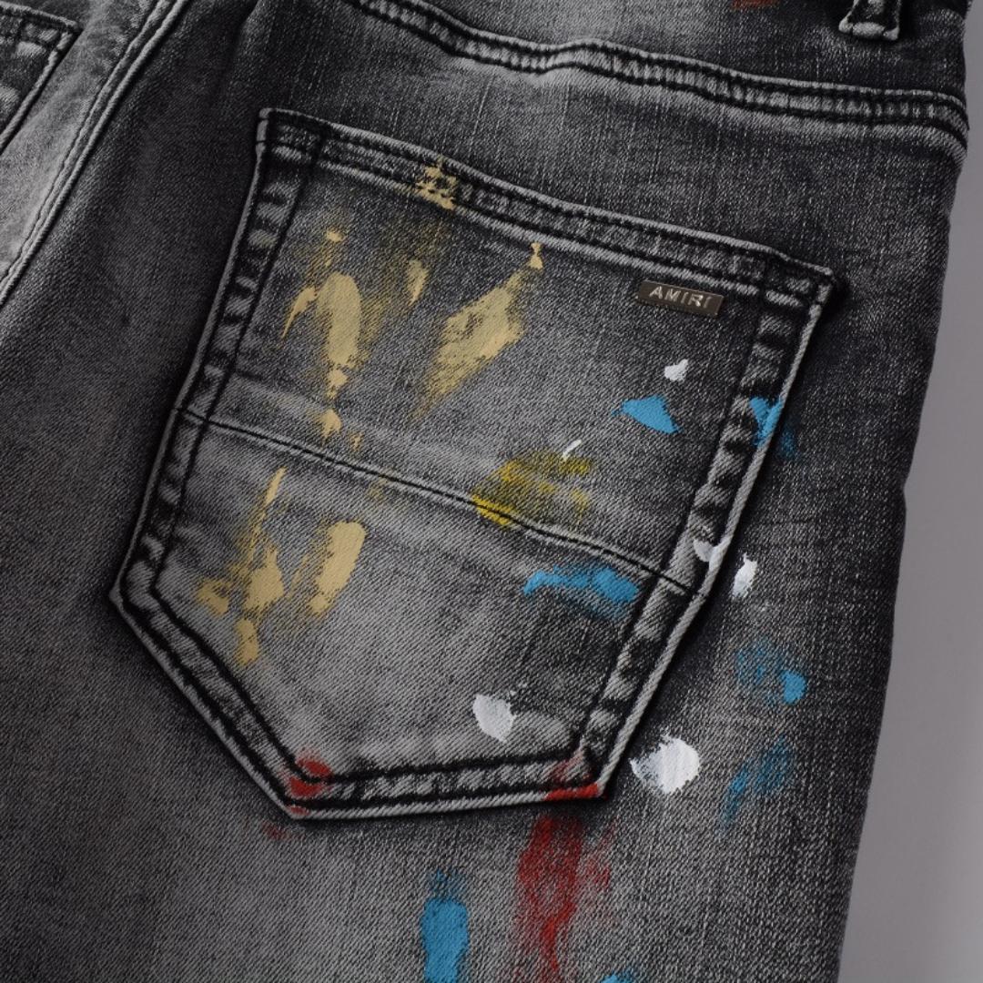 Paint Splatter Ripped Grey Jeans