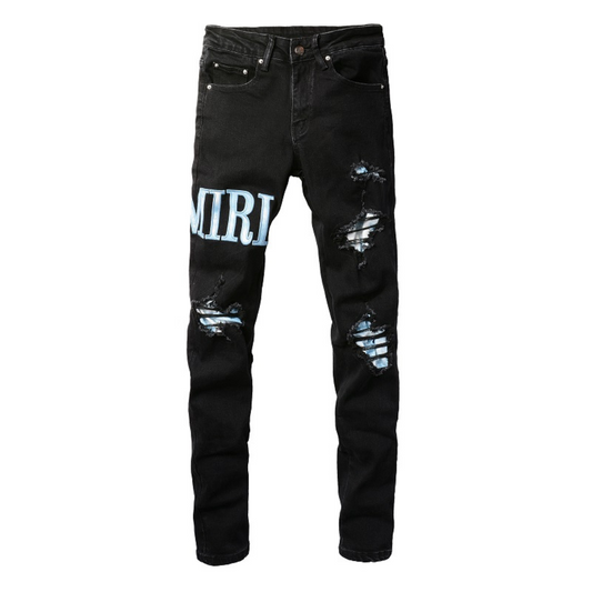 Black Distressed Patch Jeans