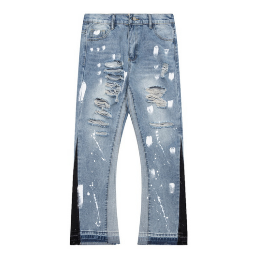 Flared Ripped Paint Blue Jeans